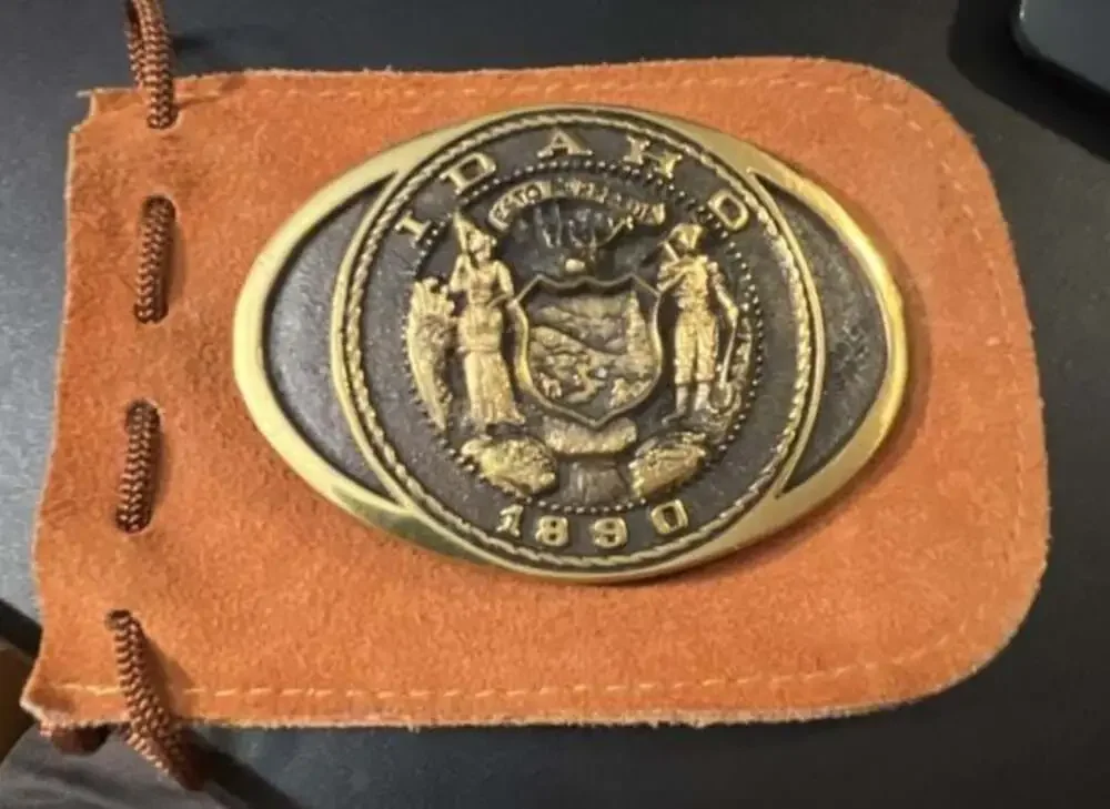 VTG Idaho Great Seal 1890 Solid Brass Belt Buckle with Suede Pouch